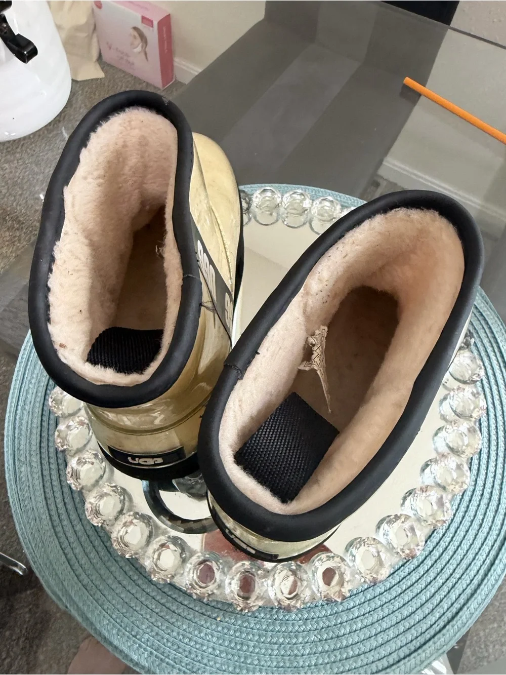 UGG Kids Short Shearling Boot — Beige with Black Trim